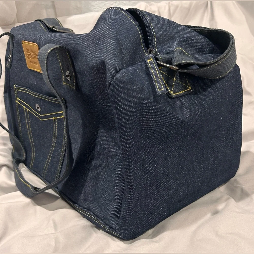 Jean Paul Gaultier pour Vous denim weekend duffel bag with adjustable strap